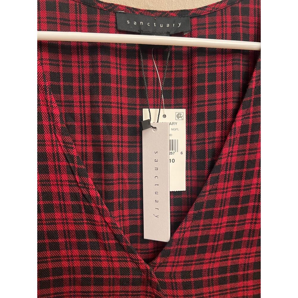 NWT Sanctuary Anthropologie Red Black Plaid Wrap Long Sleeve Dress Sz 10 - Picture 8 of 16
